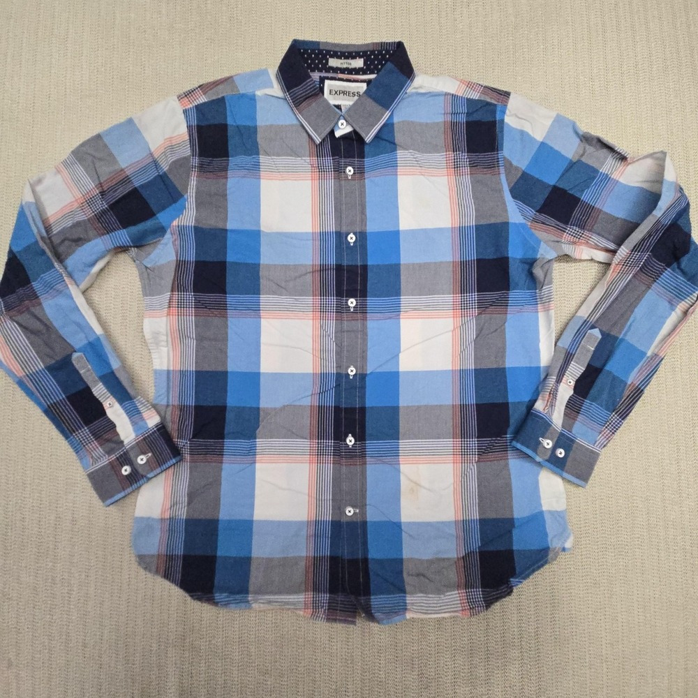 Express Shirt Mens Large Blue Plaid Long Sleeve Button Up Fitted Slim Casual
